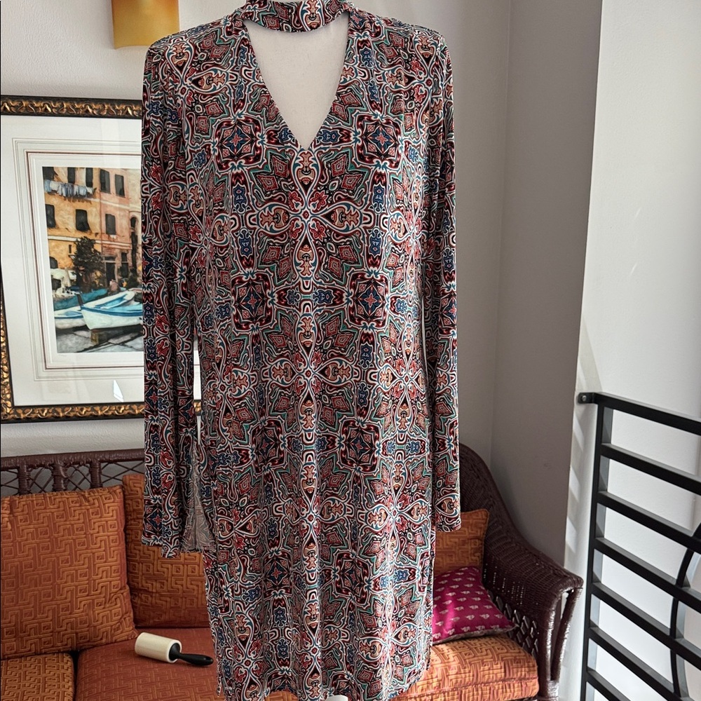 Laundry By Shelli Segal Long Sleeve V-Neck Geometric Dress - Red, Blue, Cream